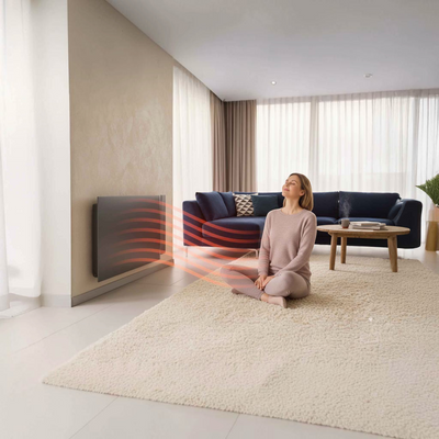 Radiatore elettrico Radialight KYOTO Dual-Therm grigio antracite installato a parete in un salotto moderno Klimago