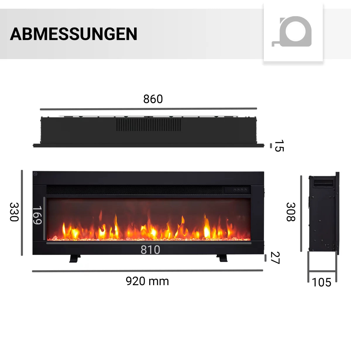 Camino Elettrico BALDERIA Agnes 36 Pollici | Da Incasso e a Parete, Effetto Fiamma 3D, Nero
