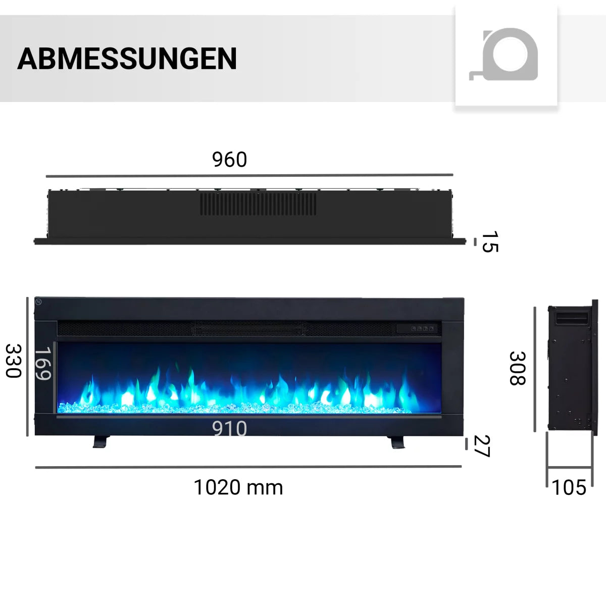 Camino Elettrico BALDERIA Agnes 40 Pollici (102 cm) | Da Incasso e a Parete, Effetto Fiamma 3D Nero