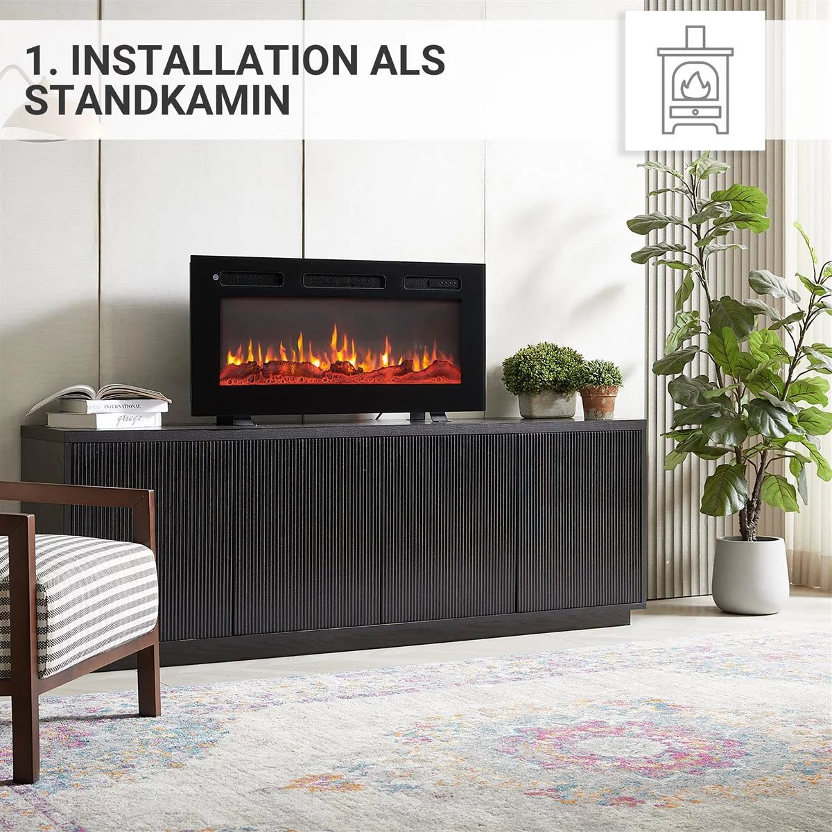 Camino Elettrico BALDERIA Leif 36 Pollici Nero | 3-in-1: Da Incasso, a Parete e Autoportante