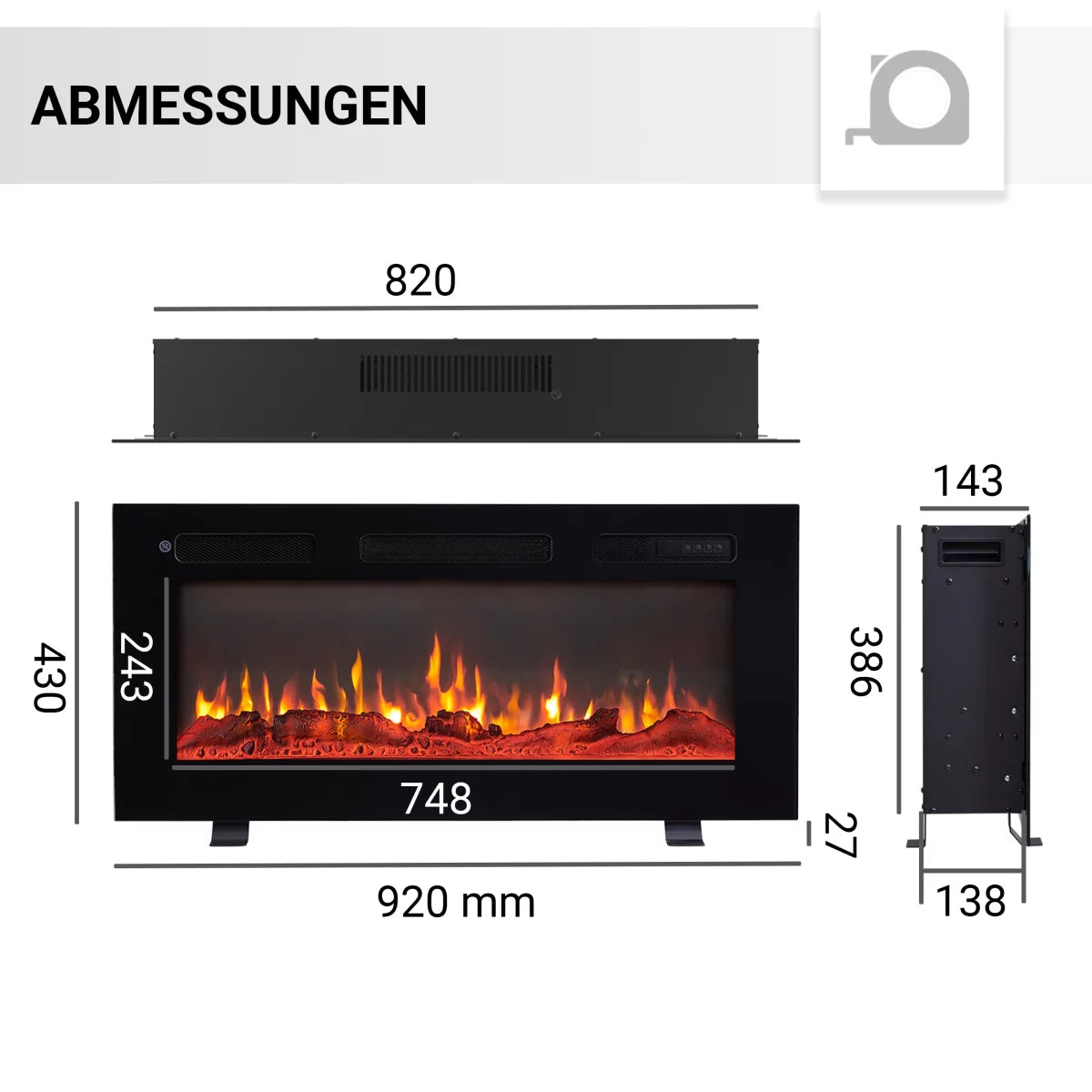 Camino Elettrico BALDERIA Leif 36 Pollici Nero | 3-in-1: Da Incasso, a Parete e Autoportante