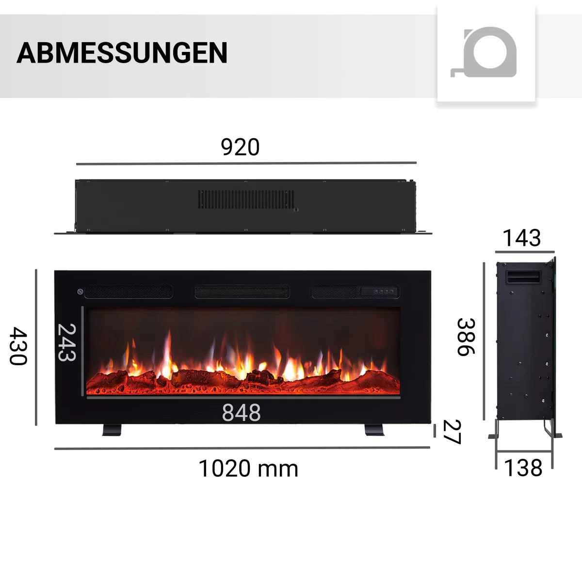 Camino Elettrico BALDERIA Leif 40 Pollici Nero | 3-in-1: Da Incasso, a Parete e Autoportante