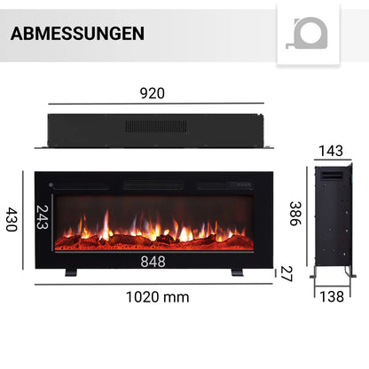Camino Elettrico BALDERIA Leif 40 Pollici Nero | 3-in-1: Da Incasso, a Parete e Autoportante