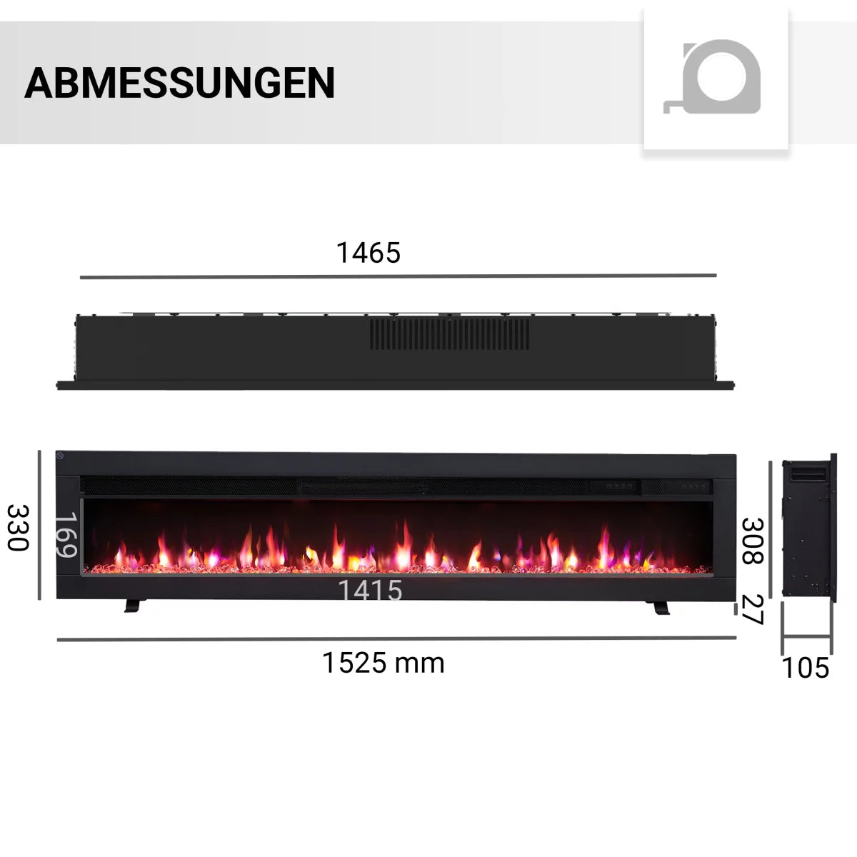 Camino Elettrico BALDERIA Agnes 60 Pollici | Da Incasso e a Parete, Effetto Fiamma 3D, Nero