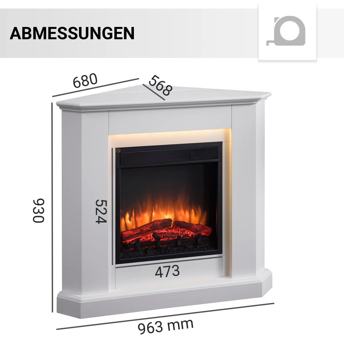 Caminetto Elettrico BALDERIA Candela Bianco | Stufa Angolare 2000W con Effetto Fiamma