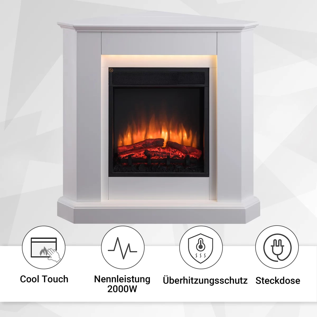 Caminetto Elettrico BALDERIA Candela Bianco | Stufa Angolare 2000W con Effetto Fiamma