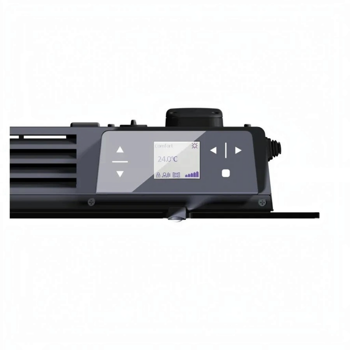 Dettaglio del pannello di controllo touch del radiatore elettrico in vetro Klimago™ AETHEREA con display digitale