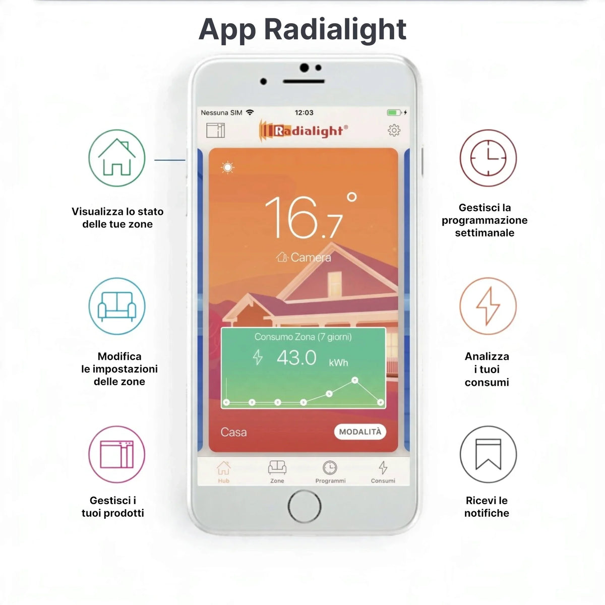Interfaccia dell'app Klimago™ per il controllo remoto del radiatore elettrico Radialight su uno smartphone