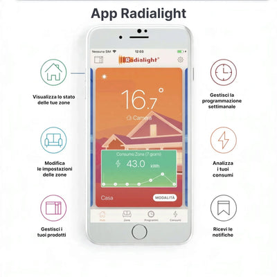 Interfaccia dell'app Klimago™ per il controllo remoto del radiatore elettrico Radialight su uno smartphone