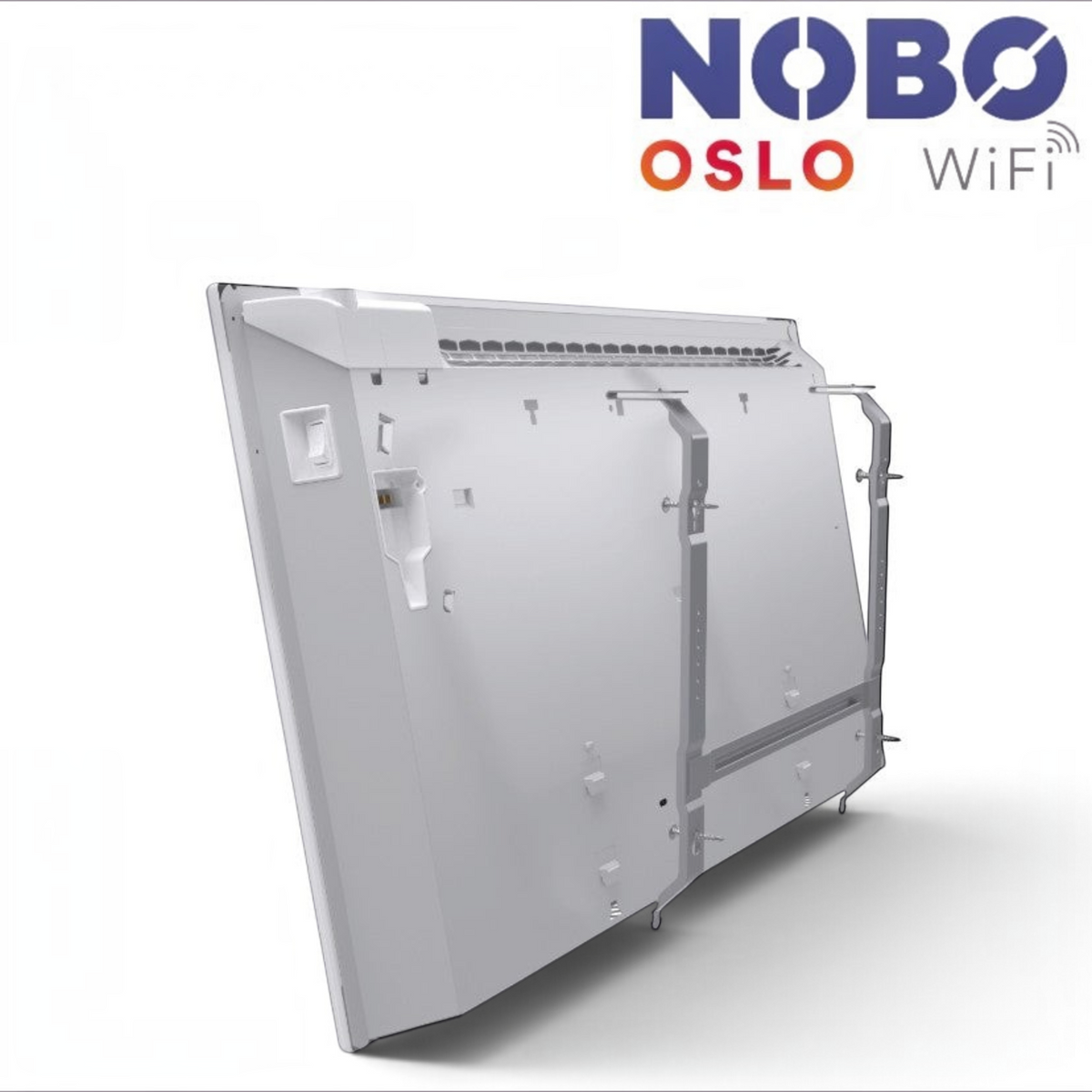 Retro del radiatore elettrico Klimago™ NOBO OSLO WiFi con staffe di montaggio a parete e design sottile bianco