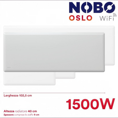 Radiatore elettrico norvegese Klimago™ NOBO OSLO WiFi 1500W bianco a convezione naturale con design sottile.