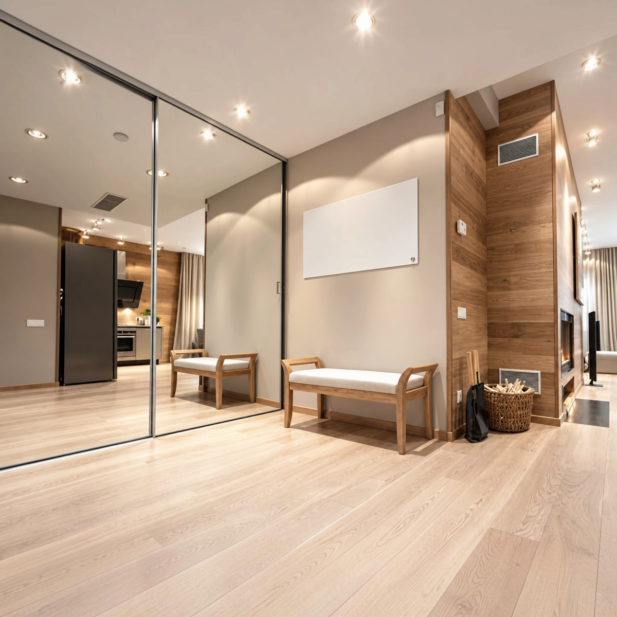 Pannello radiante a infrarossi Klimago™ INFRAPOWER bianco installato a parete in un moderno soggiorno in legno