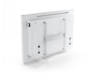 Vista posteriore del radiatore elettrico Radialight KLIMA Wi-Fi bianco con staffa di montaggio Klimago