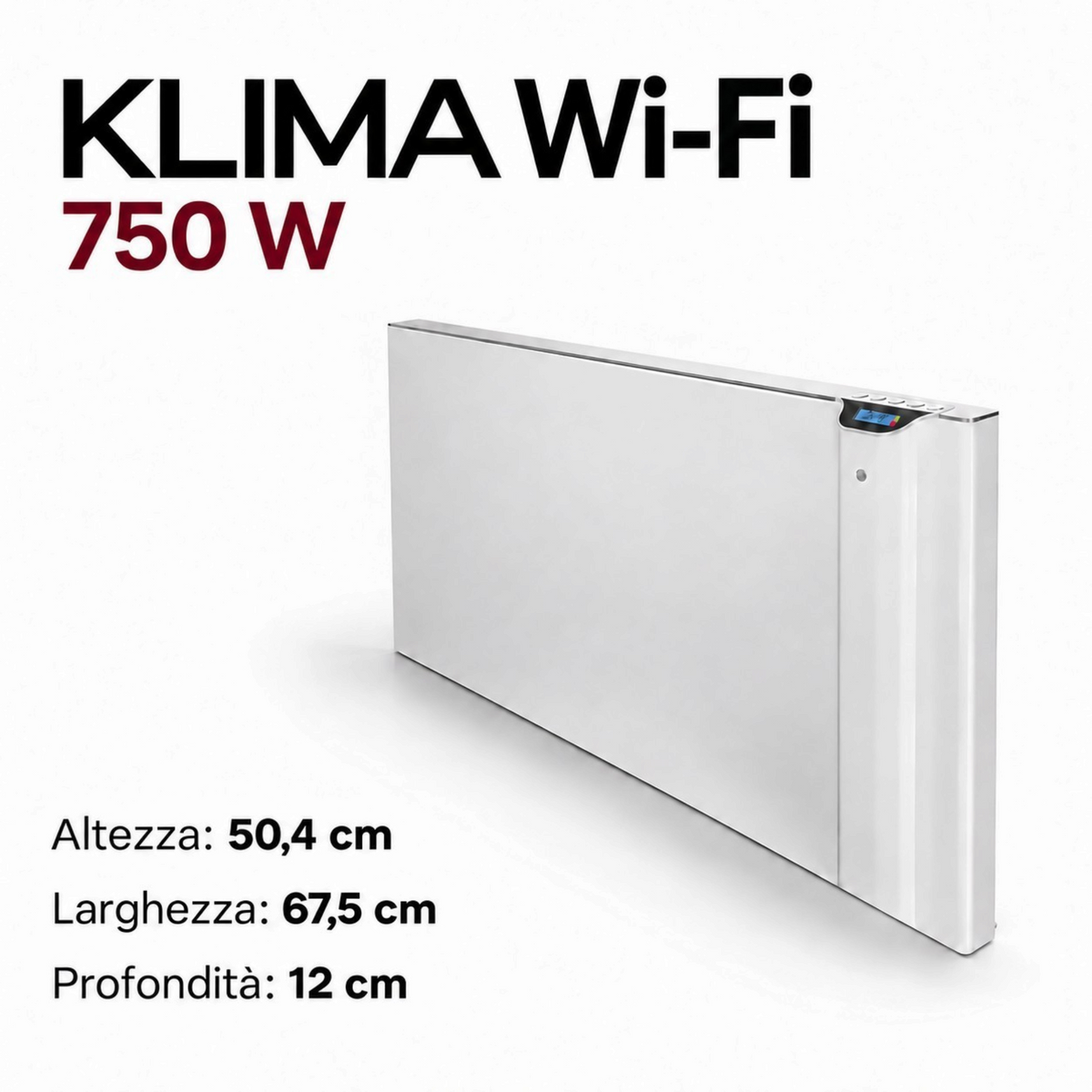 Radiatore elettrico bianco Klimago™ Radialight KLIMA Wi-Fi 750W con display digitale e design sottile da parete