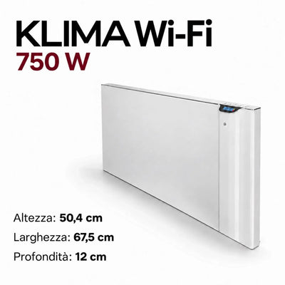 Radiatore elettrico bianco Klimago™ Radialight KLIMA Wi-Fi 750W con display digitale e design sottile da parete