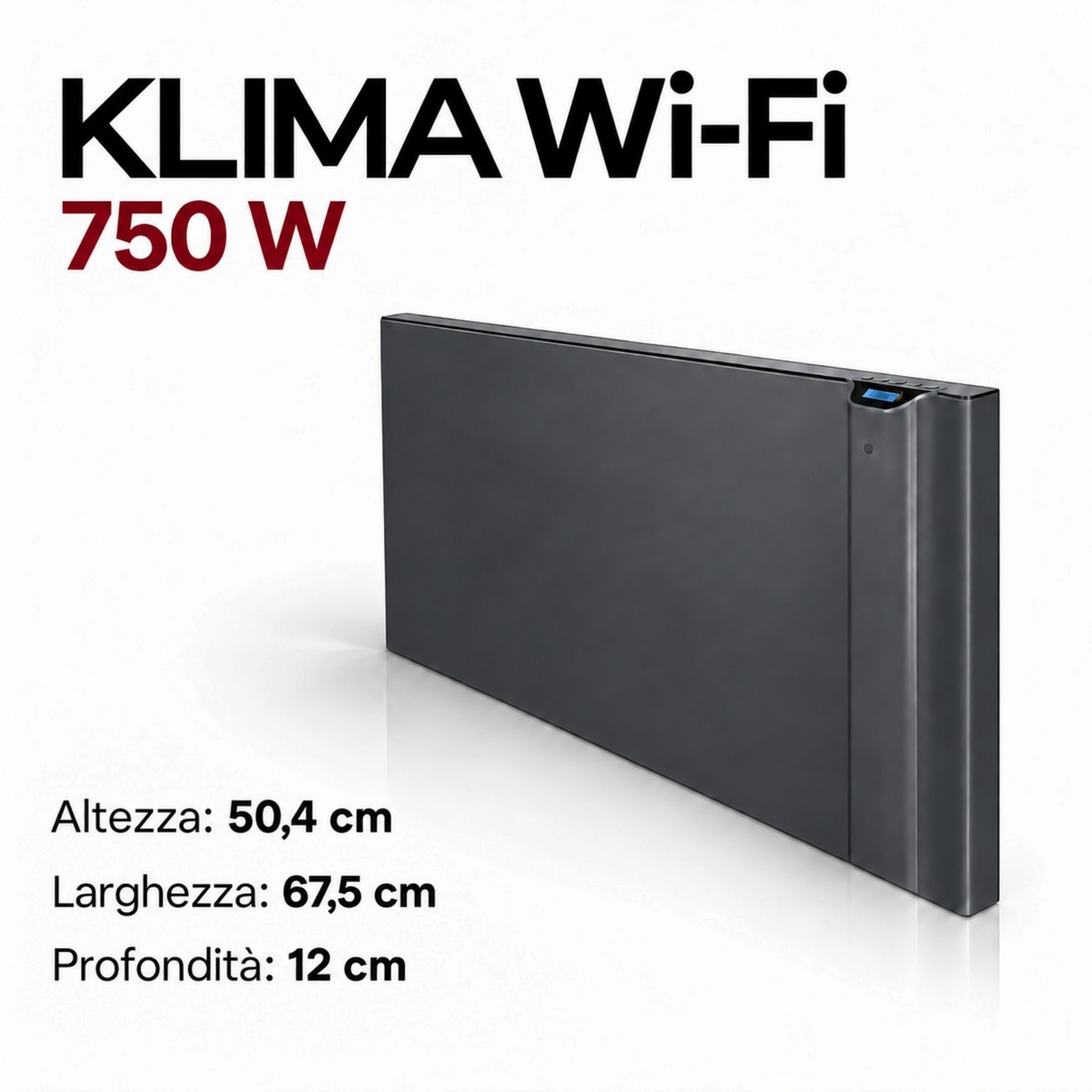 Radiatore elettrico Klimago™ Radialight KLIMA Wi-Fi 750W bianco con display digitale e design sottile da parete