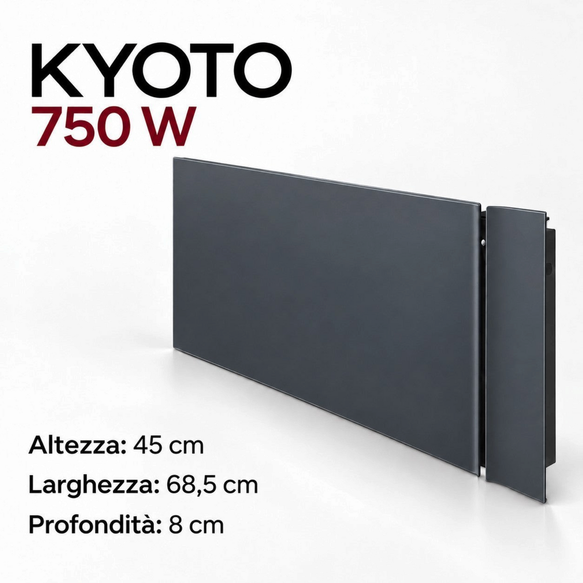 Radiatore elettrico da parete Klimago™ Radialight KYOTO 750W in grigio antracite, design ultra piatto e moderno.