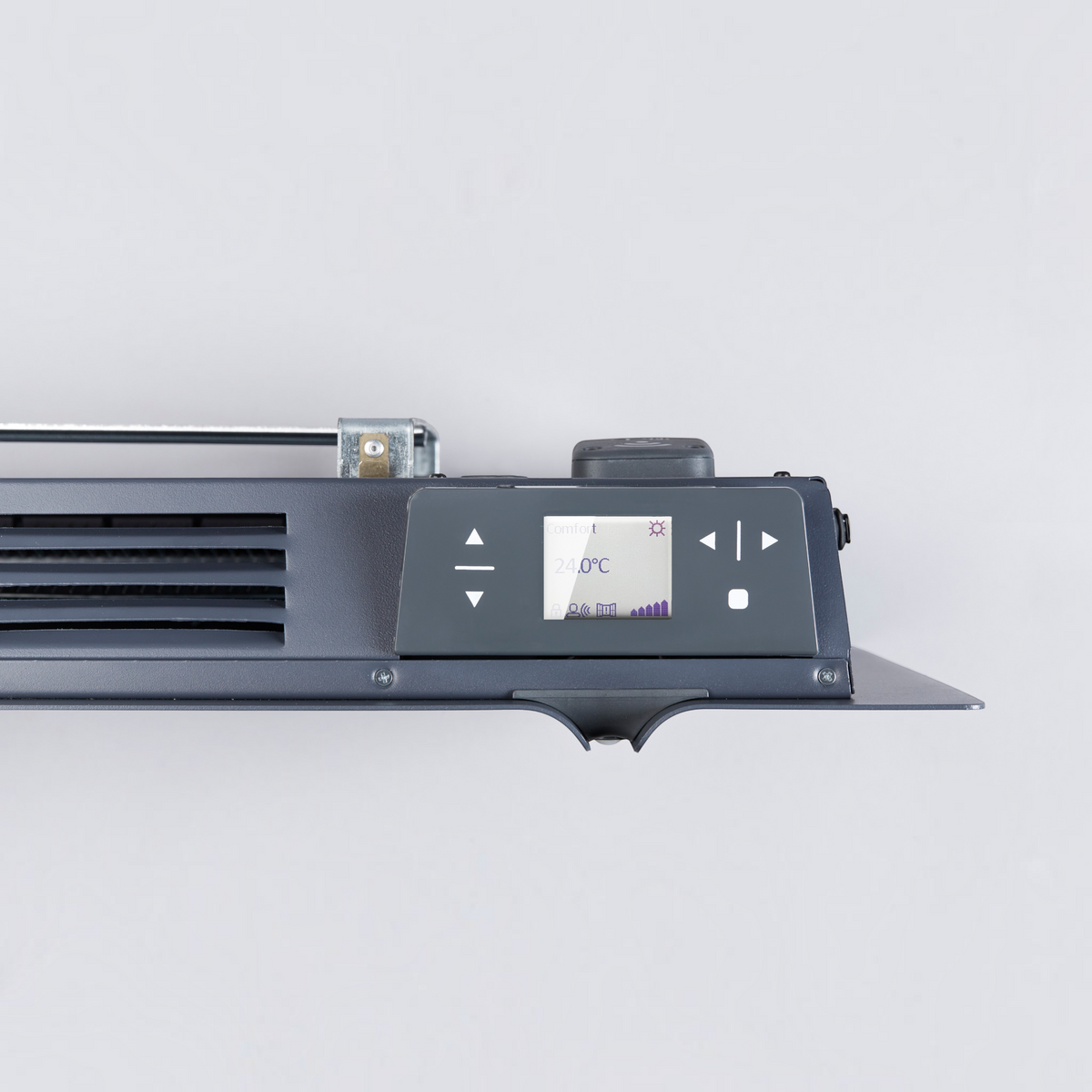 Dettaglio del pannello di controllo touch del radiatore elettrico Klimago™ Radialight KYOTO in grigio antracite.