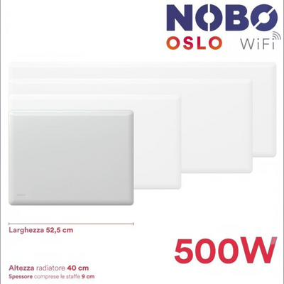 Radiatore elettrico norvegese Klimago™ NOBO OSLO WiFi bianco a convezione naturale, disponibile in varie potenze.