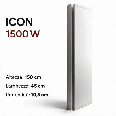 Radiatore elettrico verticale Klimago Radialight ICON 1500W bianco ghiaccio, design sottile per montaggio a parete
