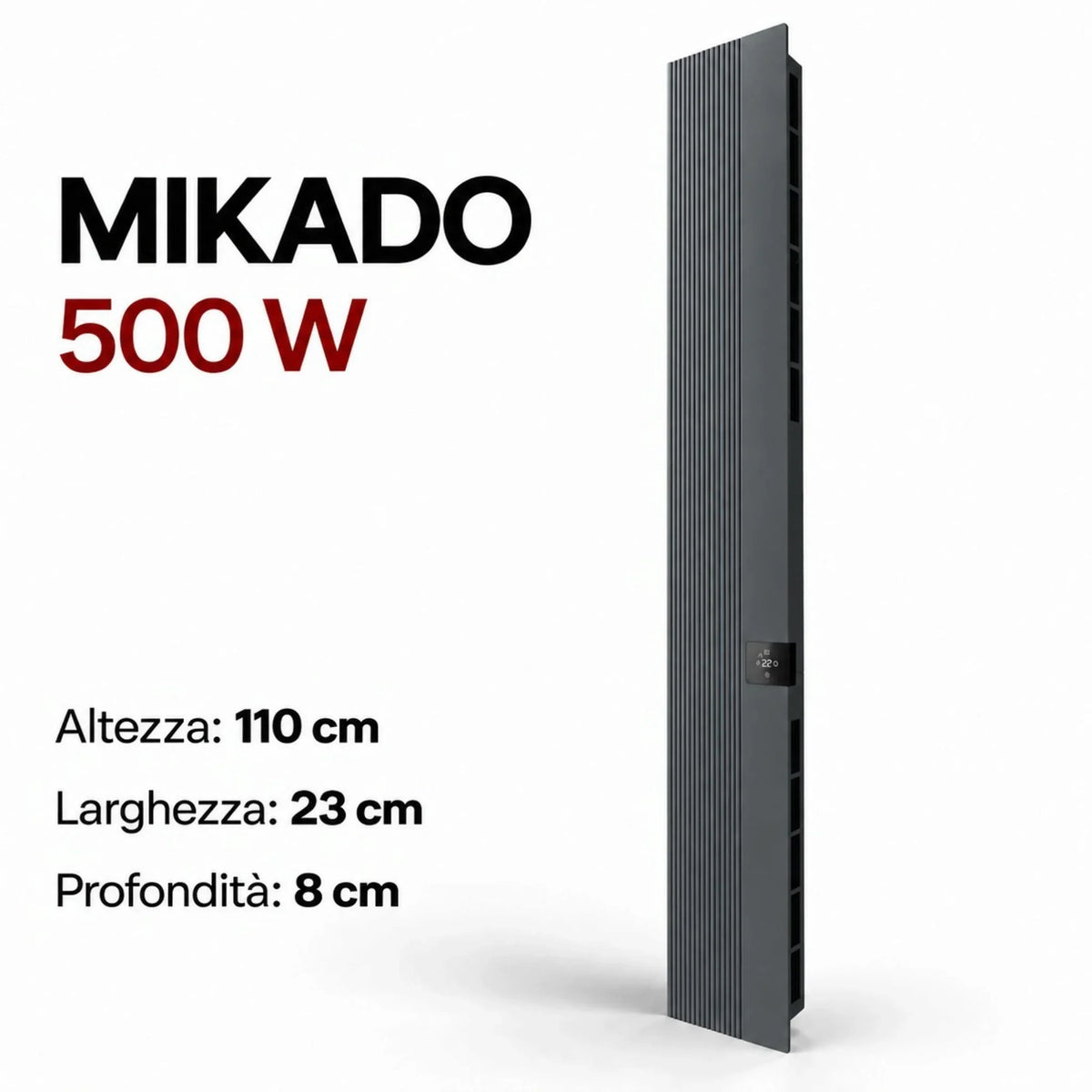 Radiatore elettrico verticale Radialight MIKADO 500W in antracite con design sottile e controllo touch da Klimago™