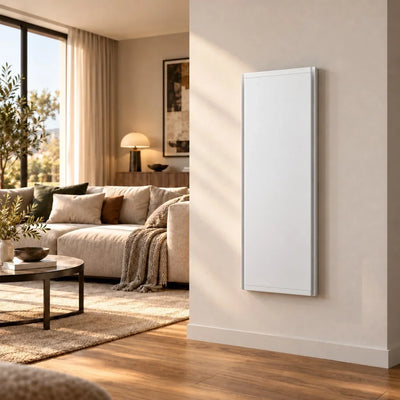 Radiatore elettrico verticale Klimago™ Radialight ICON bianco installato su una parete di un moderno soggiorno luminoso
