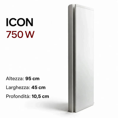 Radiatore elettrico verticale Klimago™ Radialight ICON 750W bianco ghiaccio, design sottile per montaggio a parete
