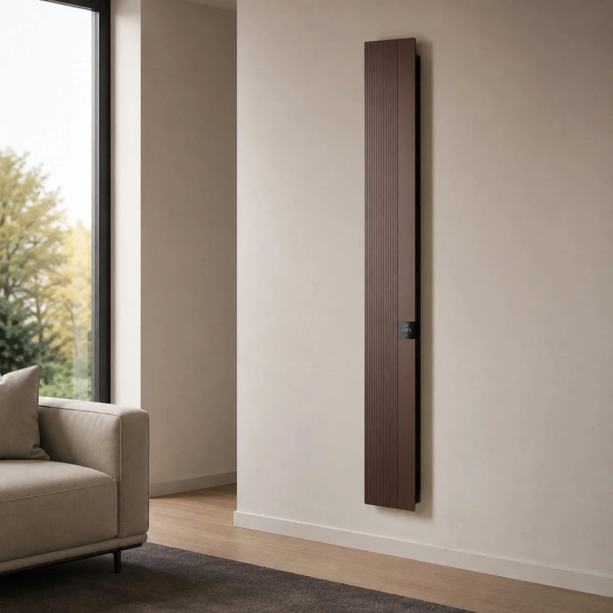 Radiatore elettrico verticale di design Radialight MIKADO color bronzo con controllo touch installato da Klimago