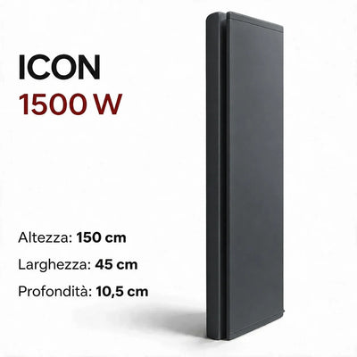 Radiatore elettrico verticale Radialight ICON 1500W grigio antracite, design sottile per montaggio a parete Klimago