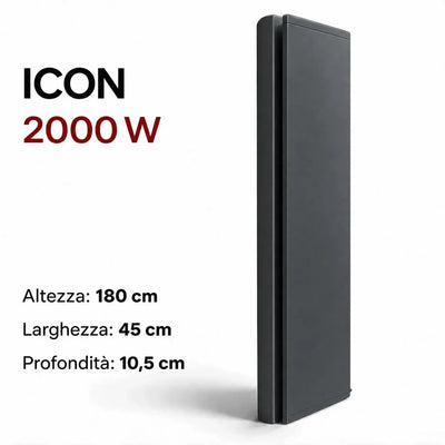 Radiatore elettrico verticale Klimago Radialight ICON 2000W grigio antracite, design sottile per montaggio a parete
