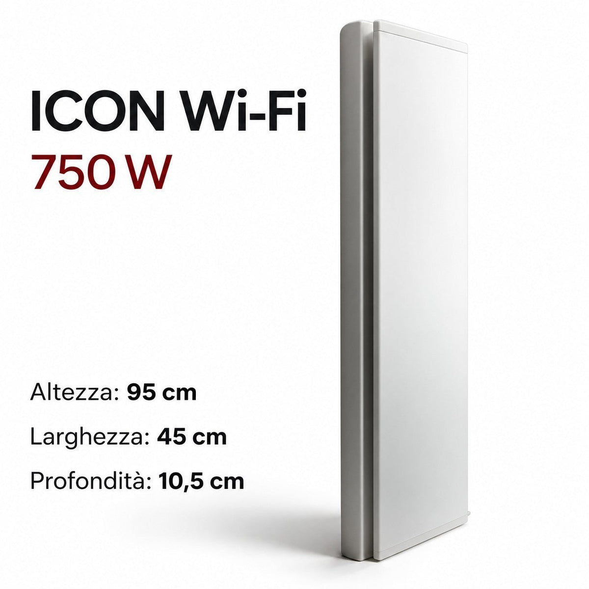 Radiatore elettrico verticale Radialight ICON Wi-Fi 750W bianco ghiaccio, design sottile per riscaldamento Klimago