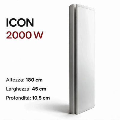 Radiatore elettrico verticale Klimago™ Radialight ICON 2000W bianco ghiaccio, design sottile per montaggio a parete