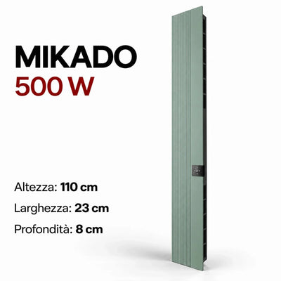 Radiatore elettrico verticale Klimago™ Radialight MIKADO 500W color salvia con controllo touch e design sottile