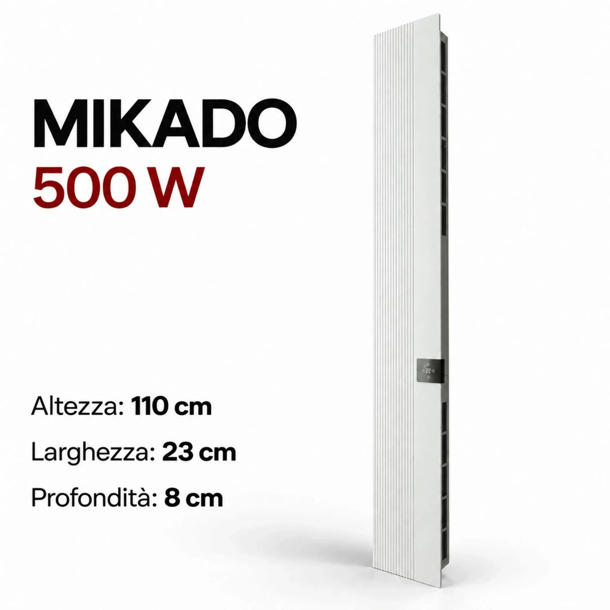 Radiatore elettrico verticale Radialight MIKADO 500W bianco con controllo touch, disponibile su Klimago™