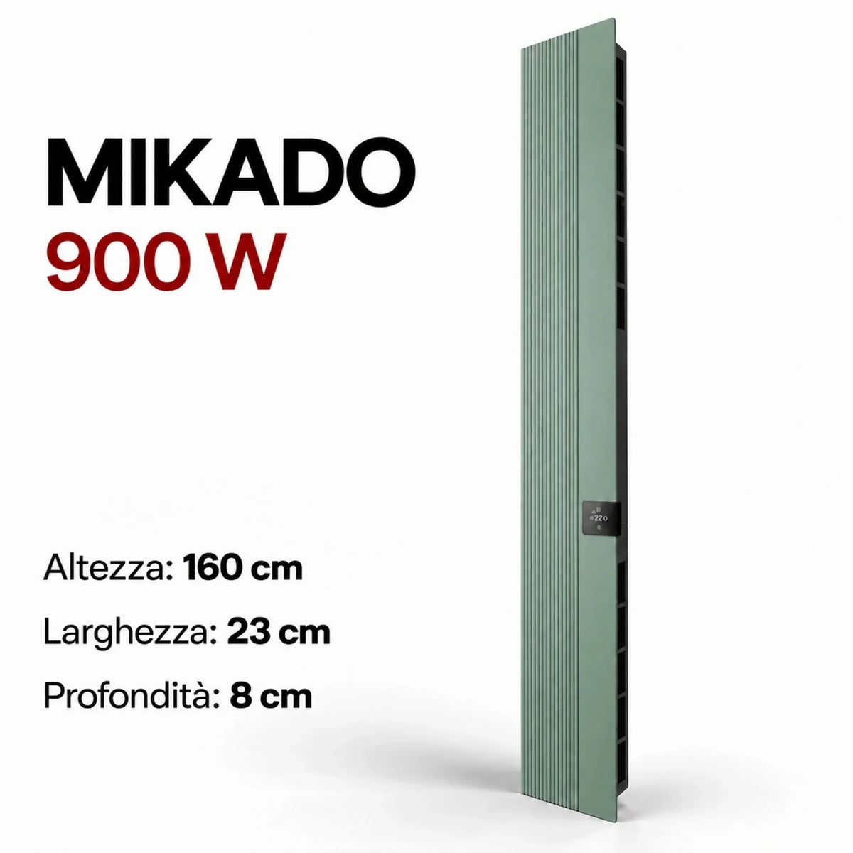 Radiatore elettrico verticale Klimago™ MIKADO 900W color salvia con design sottile e controllo touch integrato
