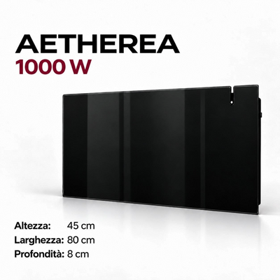 Radiatore elettrico in vetro nero Klimago™ AETHEREA 1000W, design moderno da parete con tecnologia Dual-Therm.