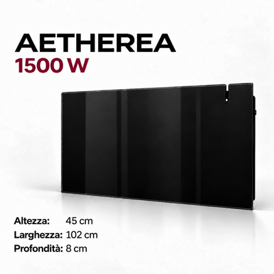 Radiatore elettrico in vetro nero Klimago™ AETHEREA 1500W con design moderno per riscaldamento a parete