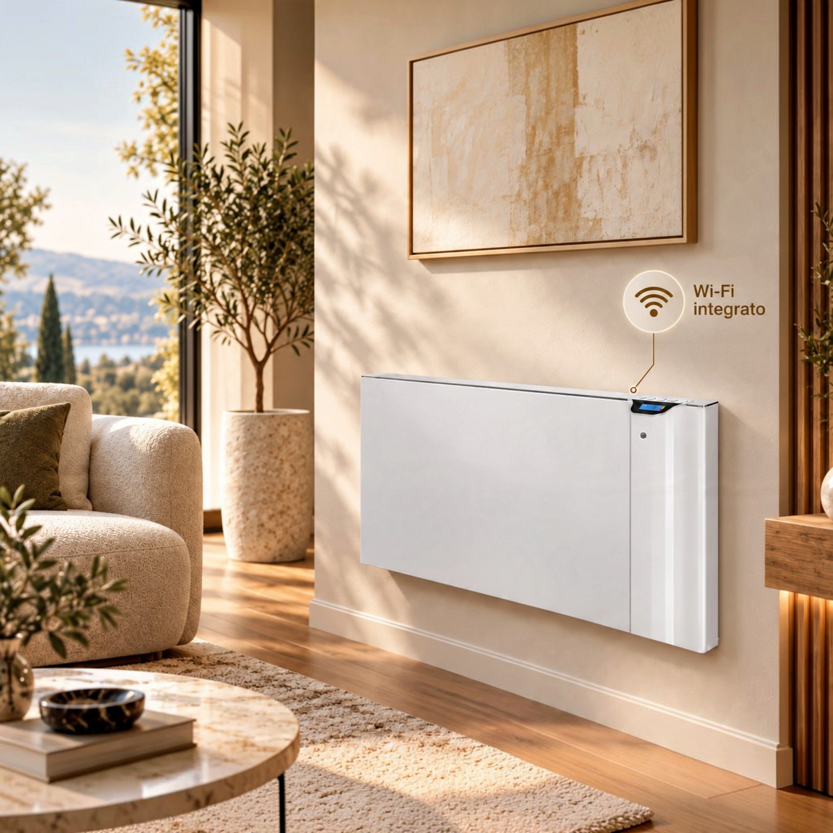 Radiatore elettrico bianco Klimago™ KLIMA Wi-Fi installato a parete in un soggiorno moderno con connessione integrata