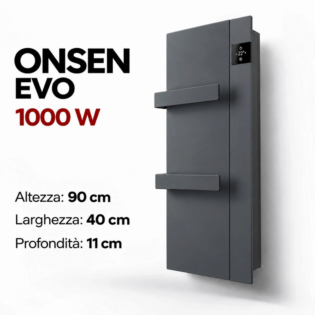 Scaldasalviette elettrico Klimago™ Radialight ONSEN EVO antracite da 1000W con termoventilatore e display touch