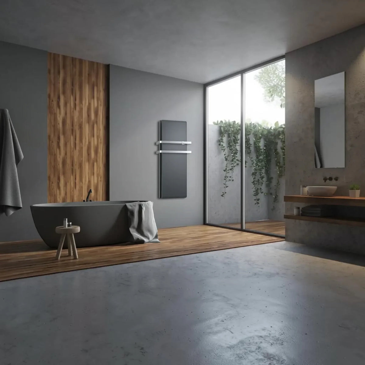 Scaldasalviette elettrico Klimago™ Radialight ICON 2B Wi-Fi grigio antracite con barre portasalviette in bagno moderno