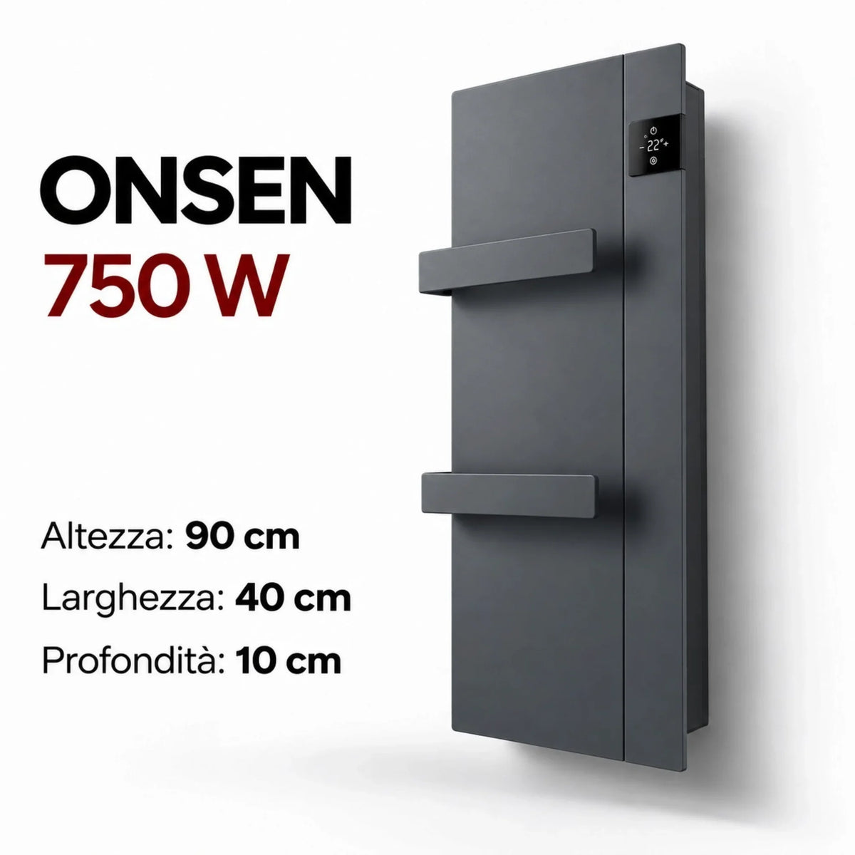 Scaldasalviette elettrico verticale Klimago™ Radialight ONSEN antracite da 750W con display touch e barre portasalviette