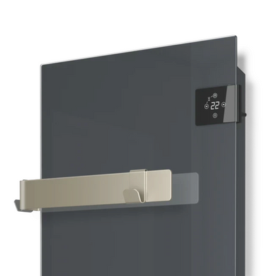 Scaldasalviette elettrico in vetro antracite Klimago™ Radialight SILK EVO con display touch e gancio portasciugamani