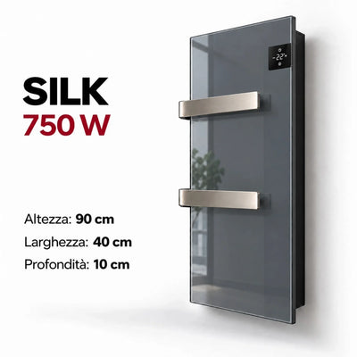 Scaldasalviette elettrico in vetro antracite Radialight SILK 750W con display touch, design verticale per bagno Klimago