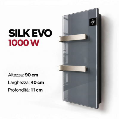 Scaldasalviette elettrico in vetro Klimago™ SILK EVO antracite con termoventilatore e display touch integrato