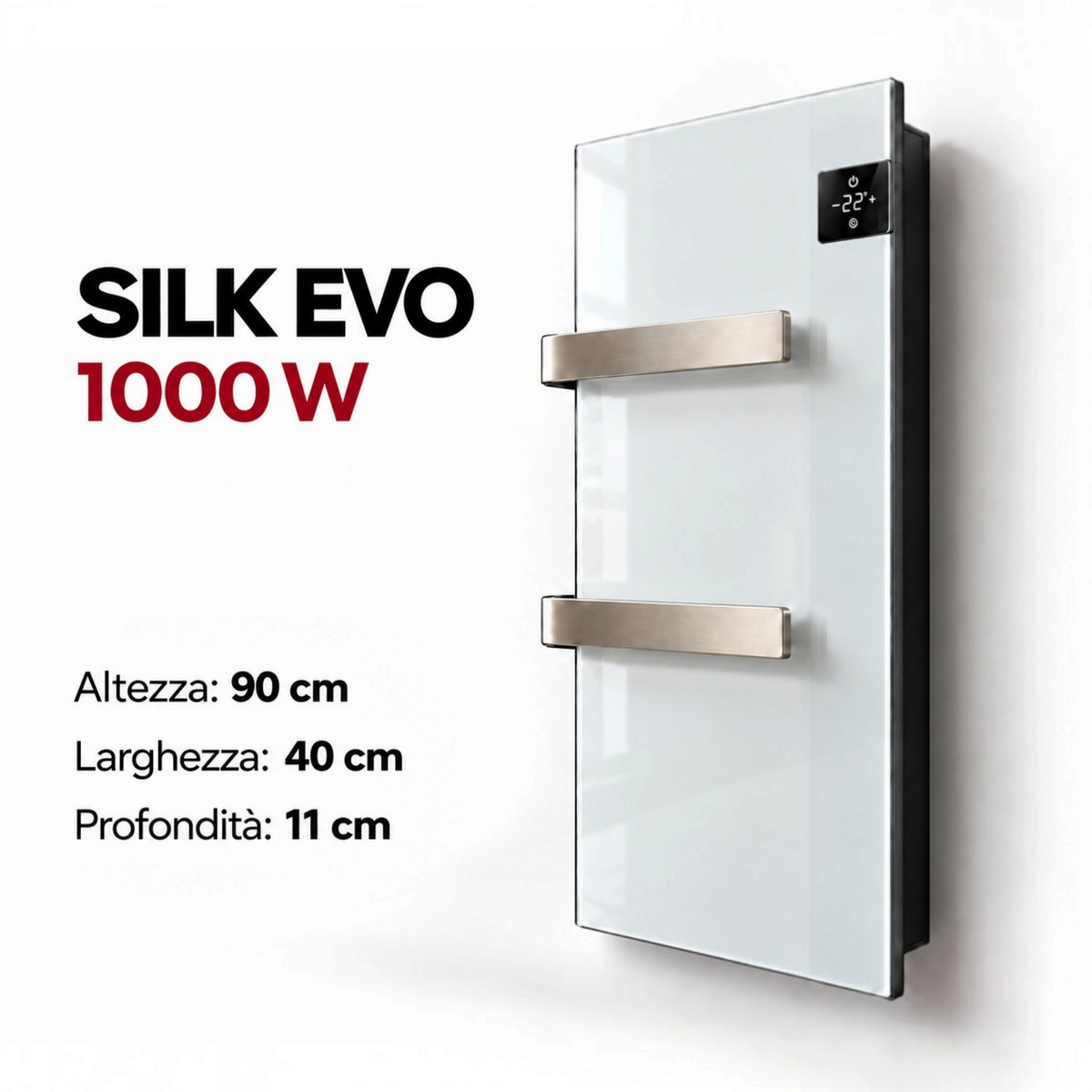 Scaldasalviette elettrico in vetro bianco Klimago™ SILK EVO 1000W con termoventilatore e display touch integrato