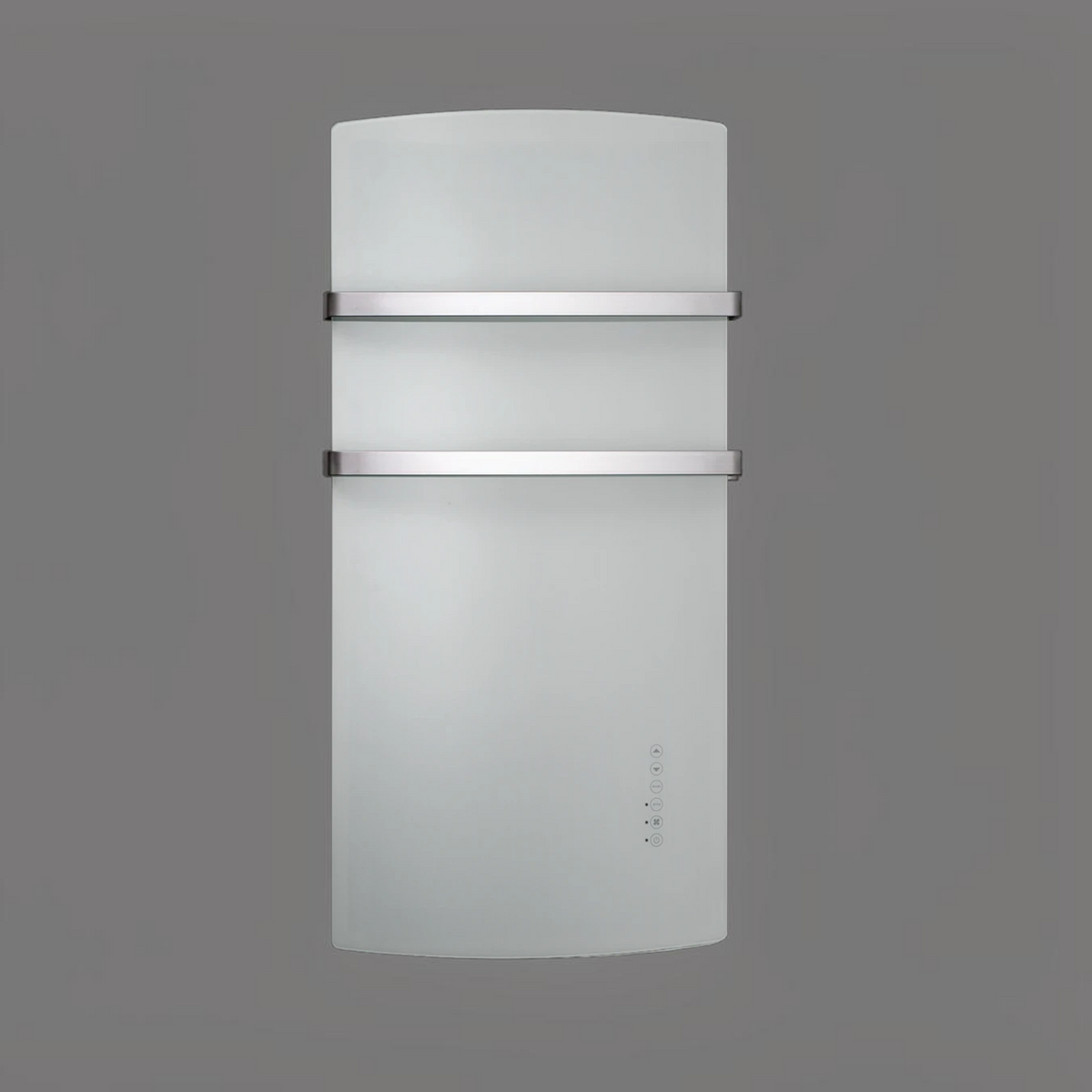 Scaldasalviette elettrico in vetro bianco Klimago™ Radialight DEVA con portasalviette in alluminio e controllo touch