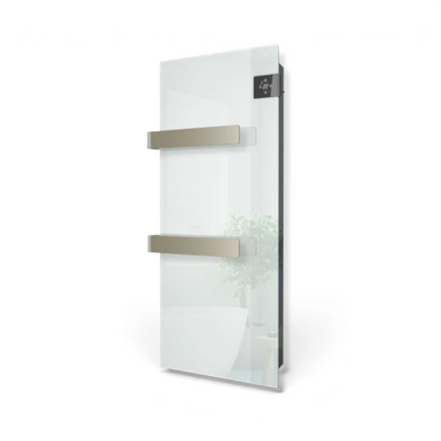 Scaldasalviette elettrico in vetro bianco Radialight SILK EVO con termoventilatore, disponibile su Klimago™.