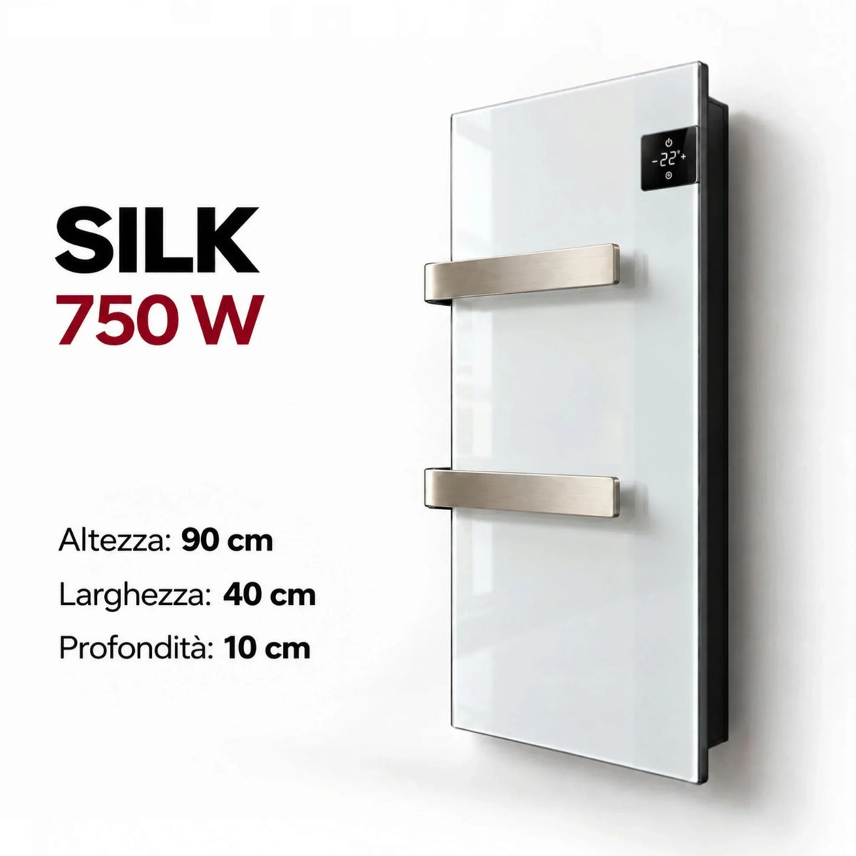 Scaldasalviette elettrico in vetro bianco Radialight SILK 750W con display touch, installato a parete da Klimago™