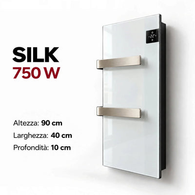 Scaldasalviette elettrico in vetro bianco Radialight SILK 750W con display touch, installato a parete da Klimago™