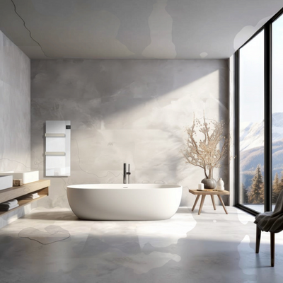 Scaldasalviette elettrico in vetro bianco Radialight SILK EVO installato in un bagno moderno con vasca freestanding